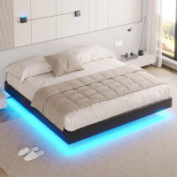 Latitude Run® California King Floating Bed Frame With Led Lights Faux Leather Upholstered Cal King Size Platform Bed Fra