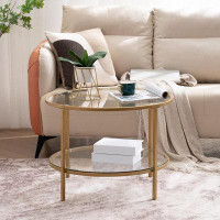 Mercer41 25.6" Round Gold Coffee Tables For Living Room, 2-Tier Glass Top Coffee Table With Storage Clear Coffee , Simpl