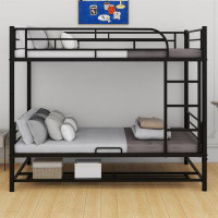 Harriet Bee Twin Over Twin Metal Bunk Bed With Shelf And Guardrails
