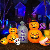 The Holiday Aisle® 8 FT Long Halloween Inflatables Outdoor Decorations- Blow Up Pumpkin Lanterns With Tombstone Skulls H