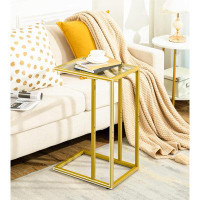 Mercer41 C Shaped End Table, Tempered Glass Snack Side Table With Metal Frame, Gold