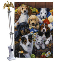 Breeze Decor Country Bumpkin Puppies - Impressions Decorative Aluminum Pole & Bracket House Flag Set HS110049-BO-02