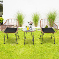Topbuy Patiojoy 3pcs Patio Rattan Furniture Set With Round Tempered Glass Top Table & 2 Rattan Armchairs Black Cushions