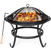 Winston Porter Toytexx 22" Inch Round Fire Pit With Cover, Outdoor Steel Wood Burning Fire Pit Bbq Grill With Round Mesh