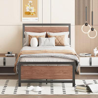 17 Stories Metal and Wood Bed Frame with Headboard and Footboard
