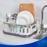 KOVOME Dish Drying Rack For Kitchen Counter, Compact Dish Drainer With Drainboard, Utensil Holder And Cup Rack, Plastic