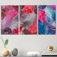 Design Art Purple And Grey Luxury Abstract Fluid Art - Modern Art Set Of 3 Pieces