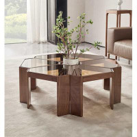 POWER HUT Designer Creative Ash Wood Combination Brown Coffee Table Nordic Modern Simple Solid Wood Free Hexagon Glass S