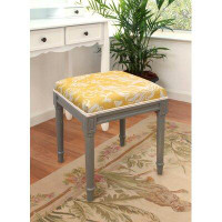 Canora Grey Taupe Tascan Floral Linen Upholstered Vanity Stool With Wood Stain Finish And Welting