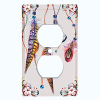 WorldAcc Metal Light Switch Plate Outlet Cover (Colourful Feather Dream Catcher White  - Single Duplex)