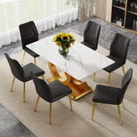 Latitude Run® A Modern Minimalist Rectangular Dining Table Suitable For 6-8 People, A Set Of 6-Piece PU Leather Backrest