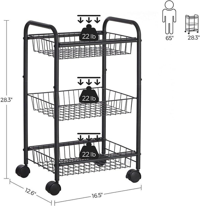 NEW 3 TIER METAL ROLLING STORAGE CART REMOVABLE BASKETS BSC03BK in Other in Alberta - Image 3