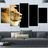 Design Art 'Large Lion Portrait on Black' 5 Piece Photographic Print on Wrapped Canvas Set
