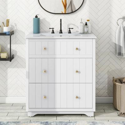Gracie Oaks 30-Inch Modern White Bathroom Vanity Cabinet With Two Drawers in Hutches & Display Cabinets