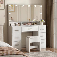 linor 46.5" White Vanity with Power Outlet &7 Drawer, Bedroom Vanity Desk for Girls, Women