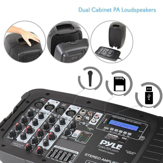 PYLE PPHP210AMX 600 Watt Dual 10 PA Speaker Bundle w/ Mixer, Mic and Stands (NS) in Performance & DJ Equipment in Nova Scotia - Image 3