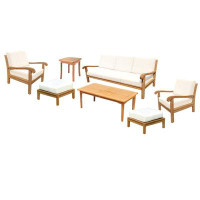 Teak Smith 7 Pc Sofa Set: Sofa, 2 Lounge Chairs, 2 Ottoman,Coffee&SideTable in Sunbrella #5404 Natural Cushions-33" H x