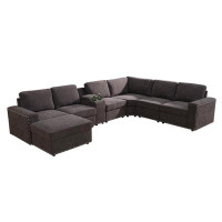 Ebern Designs 135" Wide 8-Piece Brown Flannel Reversible Modular Corner Sectional With Ottoman