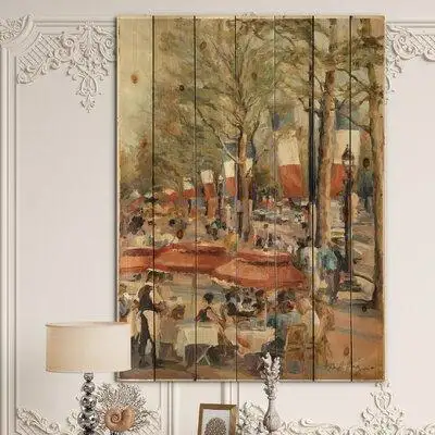 East Urban Home Lunch on the Champs Elysees Paris - French Country Print on Natural Pine Wood