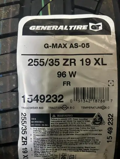 4 Brand New General G-Max AS-05 255/35R19 All Season tires  *** WallToWallTires.com ***