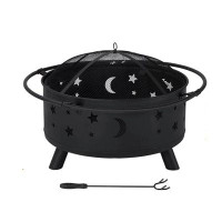 Red Barrel Studio Iron Fire Pit Set Heating Equipment Camping Fire Bowl with Poker Mesh Cover