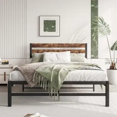 17 Stories Full Size Platform Bed Frame With Wood Headboard, Strong Metal Slats Support Mattress Foundation