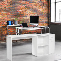 Latitude Run® L Shaped Computer Desk, 180° Rotating Corner Desk With Storage Shelves, Drawer And Cabinet