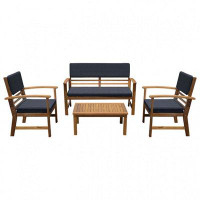 Red Barrel Studio 4 Piece Outdoor Patio Table, Loveseat, And Chairs Set, Blue, Brown Wood