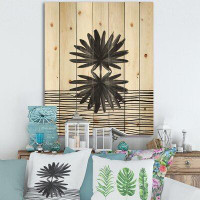 East Urban Home Black And White Tropical Leaf On Striped II - Modern Print On Natural Pine Wood