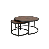 Benjara Brun Coffee Table Set Of 2, Nesting, Copper Top, Black Iron Curved Base
