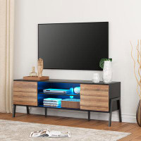 George Oliver Mid Century TV Stand For 65 Inch TV With Yellow LED Lights, 60 Inch, Black & Brown