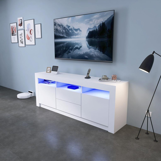 NEW MODERN HIGH GLOSS LED TV STAND CABINET WHITE HDTS045W in Other in Alberta - Image 2