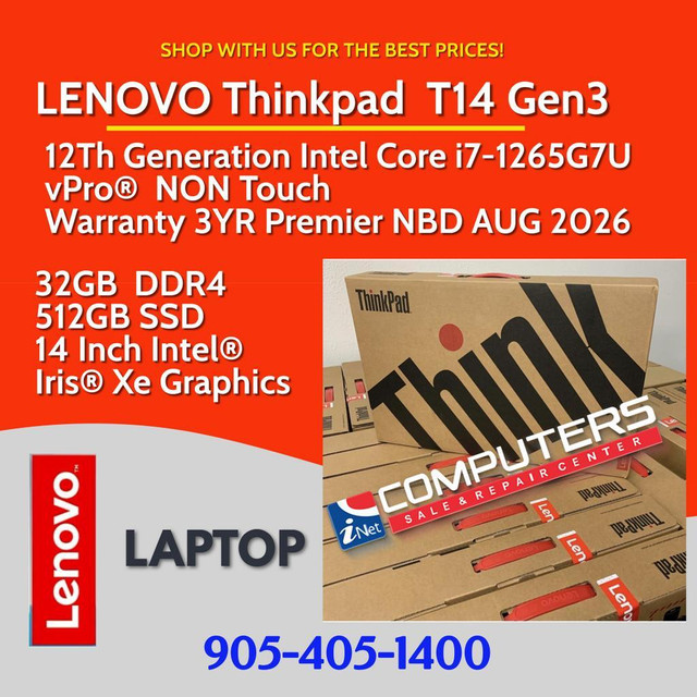 Lenovo T14 Gen 3. Core i7 12th Gen(1265U), 32GB RAM, 512GB SSD. Sealed. 14 3YR Premier NBD in Laptops in Ontario