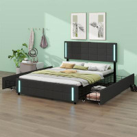 Ivy Bronx Queen Wooden Upholstered Bed With LED Lights,USB Charging And Drawers