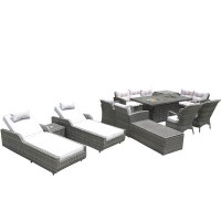 HomeRoots Twelve Piece Outdoor Gray Wicker Multiple Chairs Seating Group Fire Pit Included With Cushions