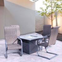 Orren Ellis Courtyard Casual Santa Fe Dark Grey 5 Piece Square Fire Pit Set With 1 Fire Pit And 4 Wicker Spring Chairs