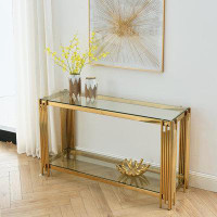 Everly Quinn 55" Gold Sofa Table With Sturdy Metal Frame And Clear Tempered Glass Top