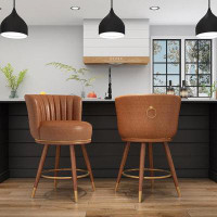Everly Quinn 24" Swivel Bar Stools Set Of 2,Counter Height Bar Stools With Back, Leather Swivel Counter Stool With Wood