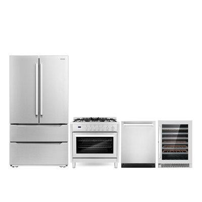 Cosmo Cosmo 4 Piece Kitchen Package With 36" Freestanding Gas Range 24" Built-in Integrated Dishwasher French Door Refri in Refrigerators