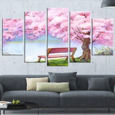 Design Art 'Bench Under Flowering Peach Tree' 5 Piece Wall Art on Wrapped Canvas Set in Other