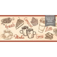 Grace & Gardenia Coffee Illustrations Peel and Stick Wallpaper Border 10in Height x 15ft Beige Brown Burgundy