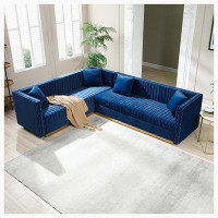 Mercer41 Channel Tufted Velvet Sectional Sofa Upholstered Corner Couch