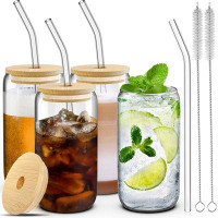 365usdeal 4 Sets Of 16 Ounce Glass Cups With Lid And Straw, Glass Drinking Set, Ice Coffee Cups With Bamboo Lid, Glass C