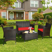 Winston Porter 4 Pcs Rattan Outdoor Patio Conversation Furniture Set With Glass Table And Comfortable Wicker Sectional S
