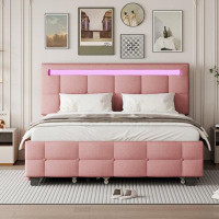 Ivy Bronx Queen Size Upholstered Platform Bed With LED Frame, With Twin XL Size Trundle And 2 Drawers