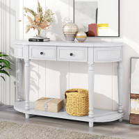 Alcott Hill Retro Circular Curved Design Console Table With Open Style Shelf Solid Wooden Frame And Legs Two Top Drawers