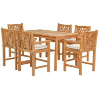 Chic Teak 7 Piece Teak Wood Chippendale 71" Rectangular Bistro Counter Dining Set Including 6 Counter Stools With Arms