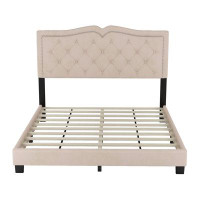 House of Hampton Beige Velvet Queen Size Bed Frame, Rivet Design With Tufted Headboard, Modern Upholstered Platform