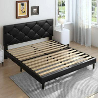 Latitude Run® Latitude Run® Upholstered Platform Queen Bed Frame With Headboard, Modern Black Faux Leather Queen Bed Fra