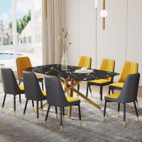 Mercer41 Chic F-1537 C-007 Dining Collection: Large Imitation Marble Table & Cushioned Pu Chairs, Sleek Golden And Black